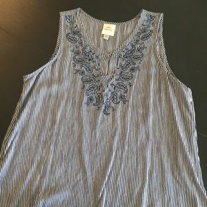 Horizontal striped tank w/embroidered flowers